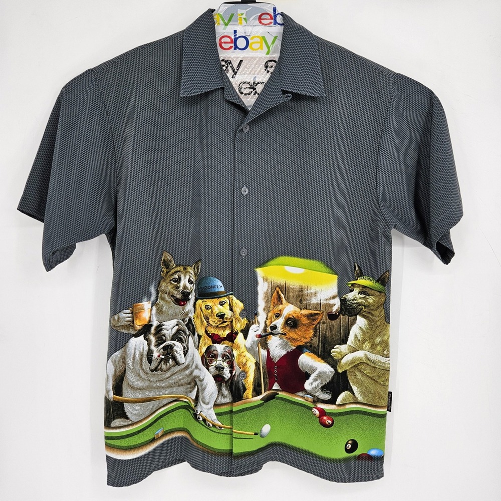 Dragonfly Clothing‎ Shirt Mens XL Dog Series Playing Pool Short Sleeve Y2K